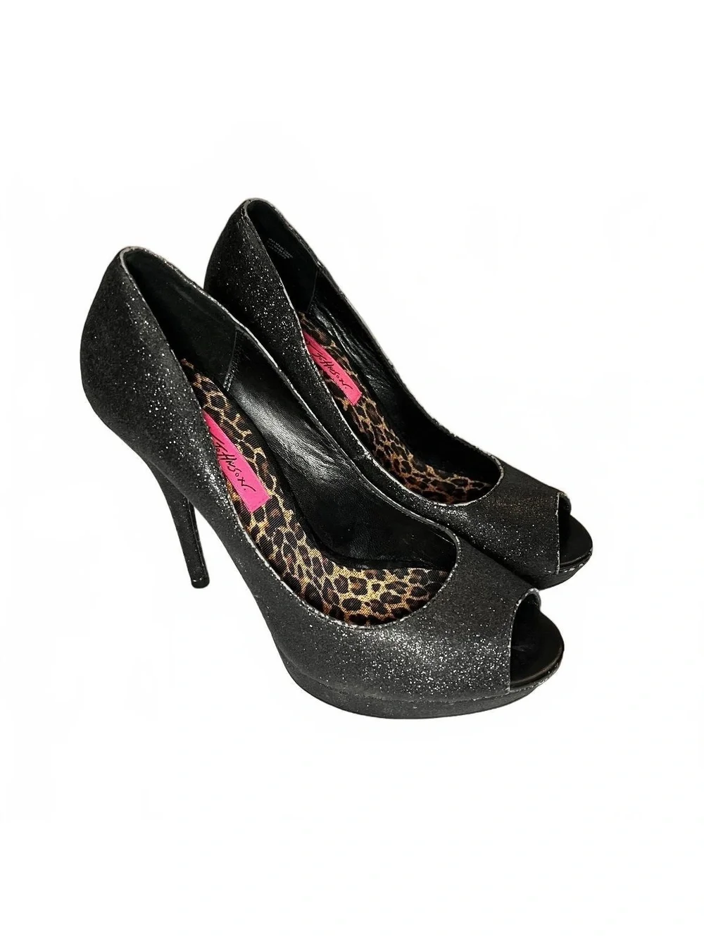 Betsey Johnson Black Glitter Peep Toe High Heels Size 8